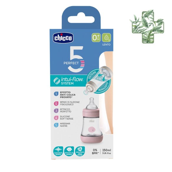 BIBERON PLASTICO T SILICONA CHICCO PERFECT5 ROSA 0M FLUJO LENTO 150 ML